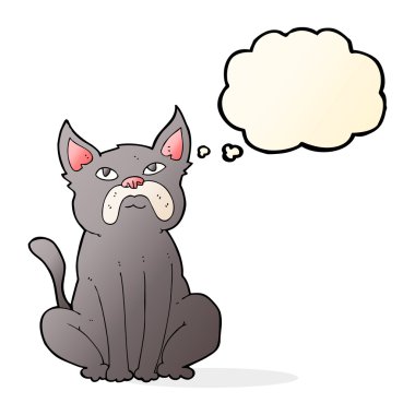 Düşünce baloncuğu olan huysuz küçük bir köpek.