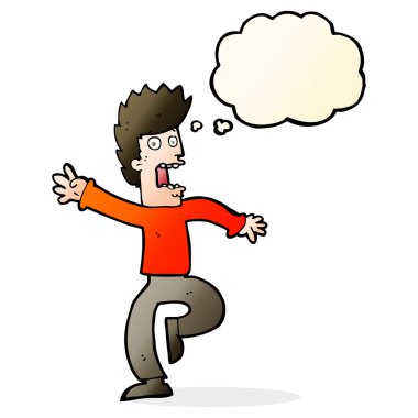 Düşünce baloncuğu olan korkmuş bir adam.