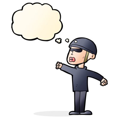 Düşünce baloncuğu olan çizgi film güvenlikçisi.