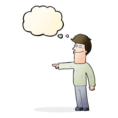 Çizgi film adamı düşünce balonunu işaret ediyor.