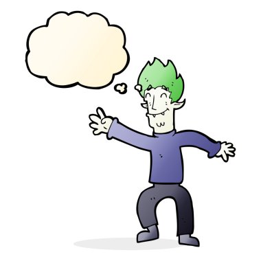 Düşünce baloncuklu mutlu vampir adam çizgi filmi.