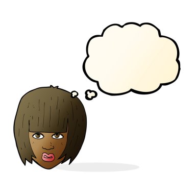 Çizgi film, uzun saçlı, düşünce baloncuklu rahatsız bir kız.