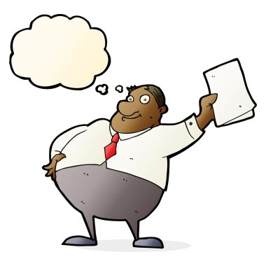 Çizgi film patronu düşünce balonuyla kağıtları sallıyor.