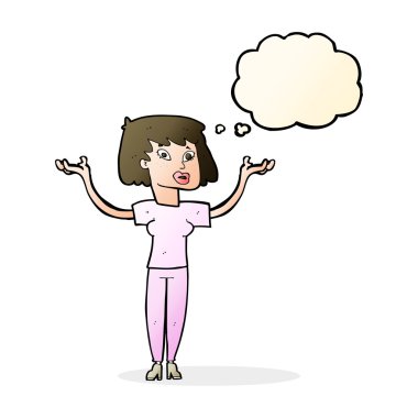 Düşünce baloncuğuyla el ele tutuşan çizgi film kadını.