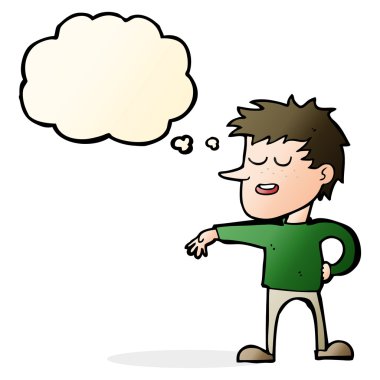 Çizgi filmci, düşünce baloncuğuyla umursamaz jest yapıyor.