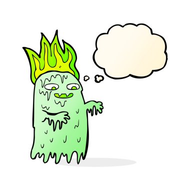 Düşünce baloncuklu hayaletli karikatür.