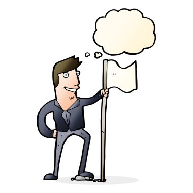 Düşünce baloncuğu ile bayrak diken çizgi film adamı