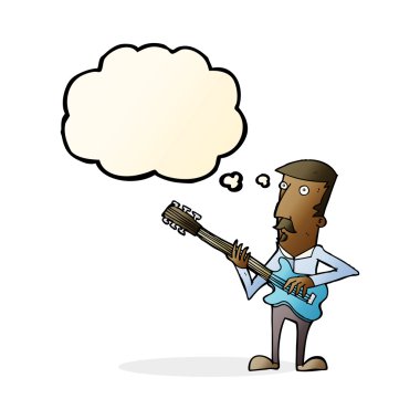 Düşünce baloncuğuyla elektro gitar çalan çizgi film adamı.