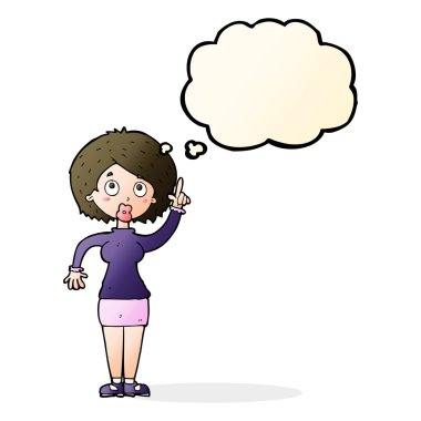 Düşünce baloncuğu olan çizgi film kadını.