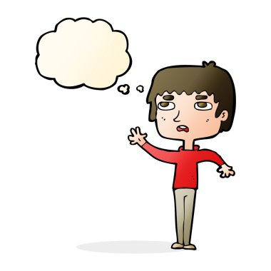 çizgi film mutsuz çocuk düşünce baloncuğuyla el sallıyor