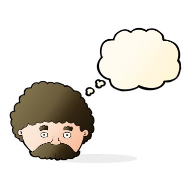 Düşünce baloncuklu bıyıklı çizgi film adamı.