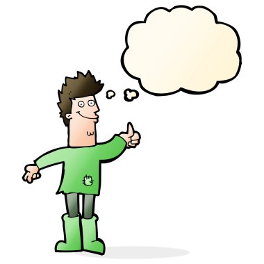 Düşünce baloncuğu olan, paçavralar içinde pozitif düşünen bir adam.