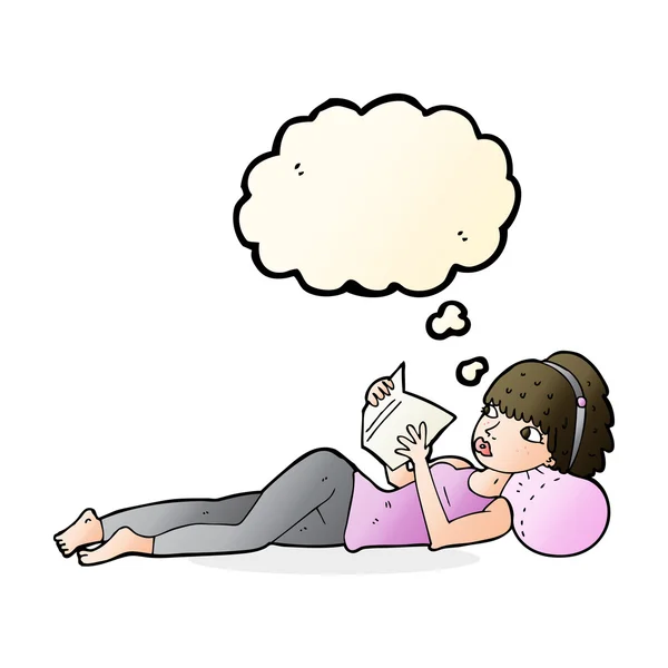 Tecknad vacker kvinna läser bok med tanke bubbla — Stock vektor