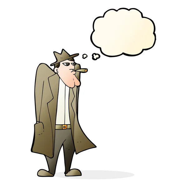 Cartoon man in hoed en trench jas met gedachte zeepbel — Stockvector
