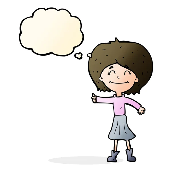 Desenho animado menina feliz dando polegares para cima símbolo com bolha de pensamento — Vetor de Stock
