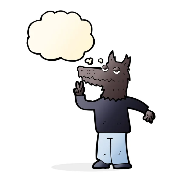 Desenho animado homem lobo feliz com bolha de pensamento — Vetor de Stock