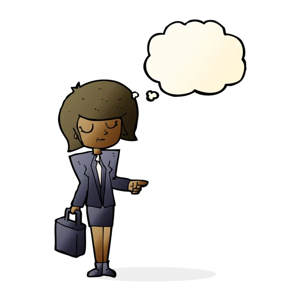 Femme d'affaires dessin animé pointant avec bulle de pensée — Image vectorielle