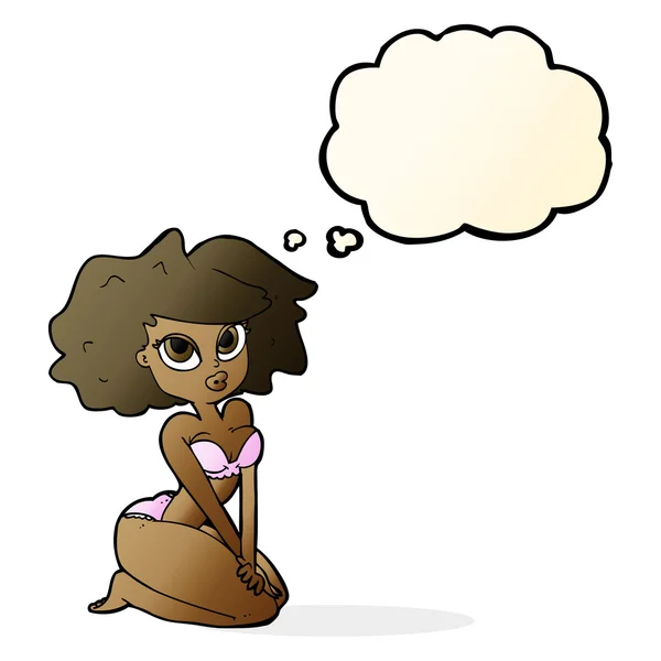 Mujer de dibujos animados con bikini con burbuja de pensamiento — Vector de stock