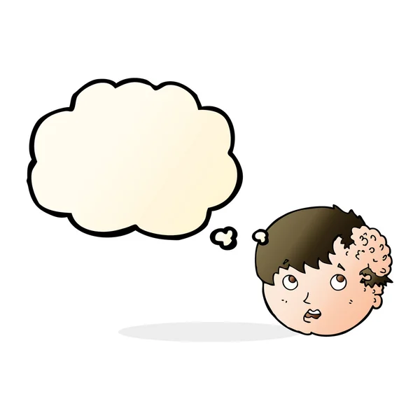 Cartoon jongen met lelijke groei op het hoofd met gedachte zeepbel — Stockvector