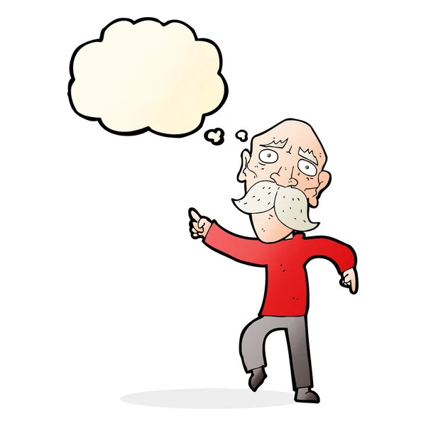 Cartoon sad old man pointing with thought bubble — Stock Vector