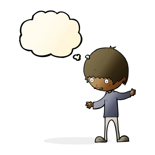 思考バブルで腕を伸ばしている漫画少年 — ストックベクタ