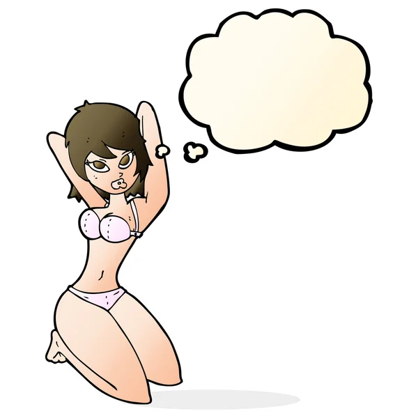 Desenho animado sexy mulher posando com pensamento bolha — Vetor de Stock