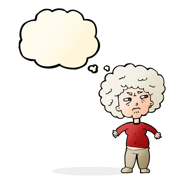 Desenho animado irritado velha mulher com pensamento bolha — Vetor de Stock