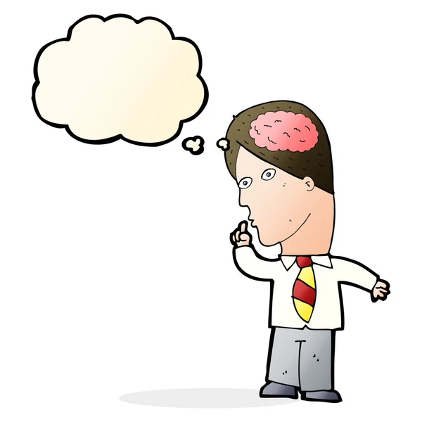 Uomo d'affari cartone animato con cervello enorme con bolla di pensiero — Vettoriale Stock