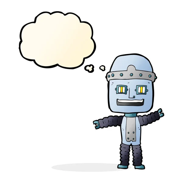 Robot de dibujos animados ondeando con burbuja de pensamiento — Vector de stock