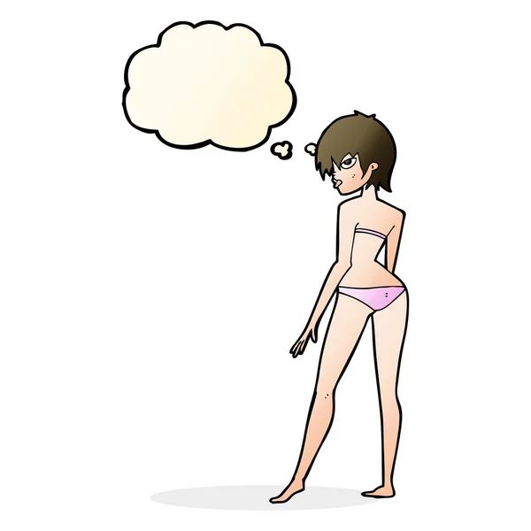 Wanita kartun dengan bikini dengan pikiran gelembung - Stok Vektor