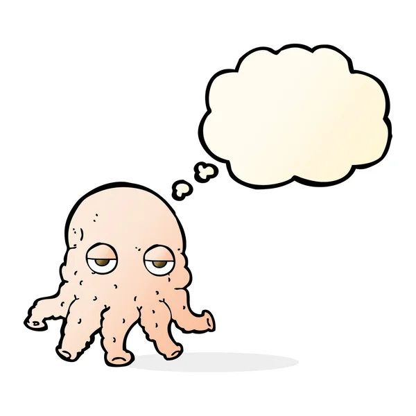 Dibujos animados cara de calamar alienígena con burbuja de pensamiento — Vector de stock
