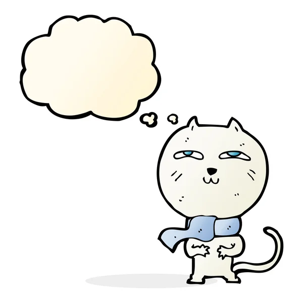 Cartoon lustige Katze mit Schal mit Gedankenblase — Stockvektor