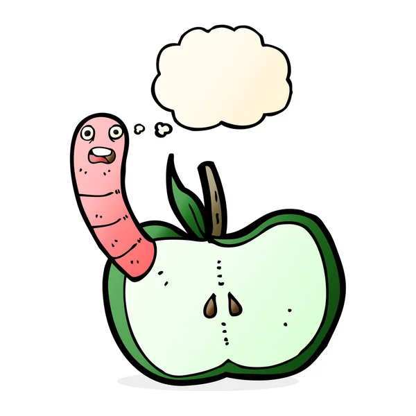 Мультяшное яблоко с червяком и мыслепузырем — стоковый вектор