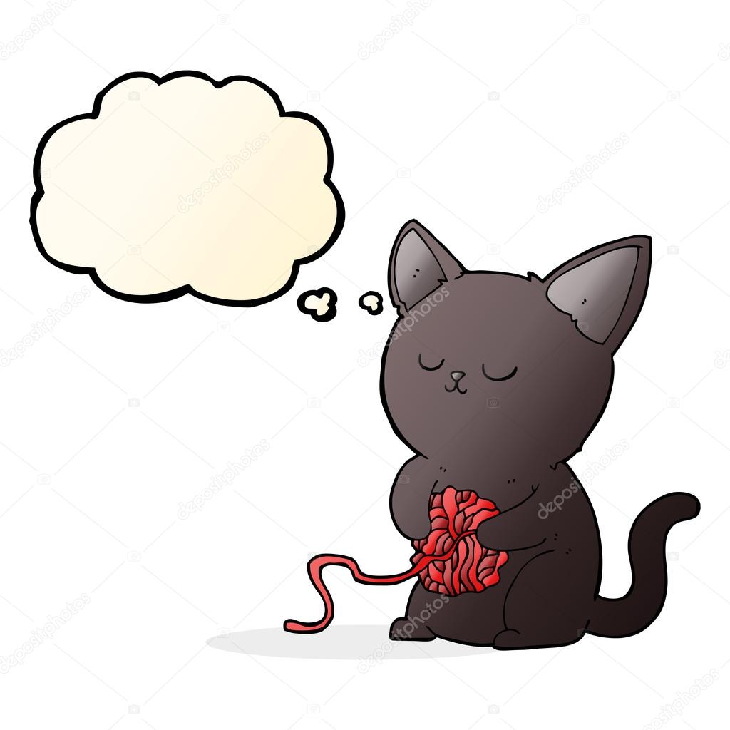 Dessin Anime Mignon Chat Noir Jouer Avec La Boule De Fil Avec La Pensee Bu Image Vectorielle Par Lineartestpilot C Illustration