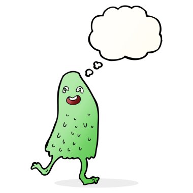 Düşünce baloncuklu komik balçık canavarı.