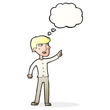 Çizgi film adamı düşünce balonunu işaret ediyor.