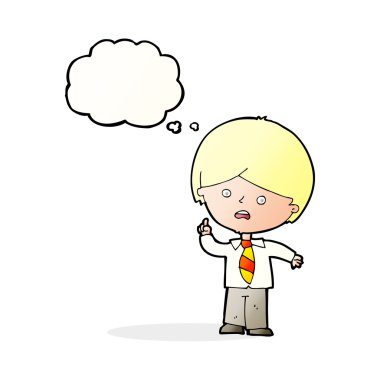 çizgi film endişeli okul çocuğu düşünce baloncuğuyla el kaldırıyor.