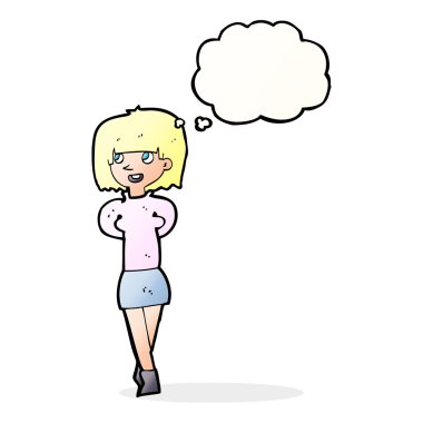 Düşünce baloncuğu olan mutlu çizgi film kadını