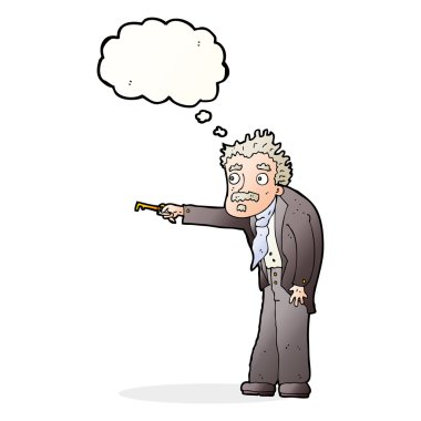 Düşünce baloncuğuyla kilidi açan anahtarla titreyen çizgi film adamı.
