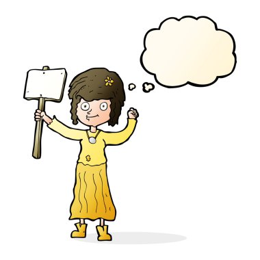 Karikatür hippi kız protesto işareti ve düşünce kabarcığı