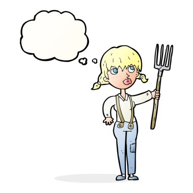 Düşünce baloncuklu çiftçi kız.