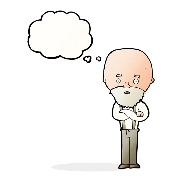 Cartoon bezorgd oude man met gedachte bubble — Stockvector