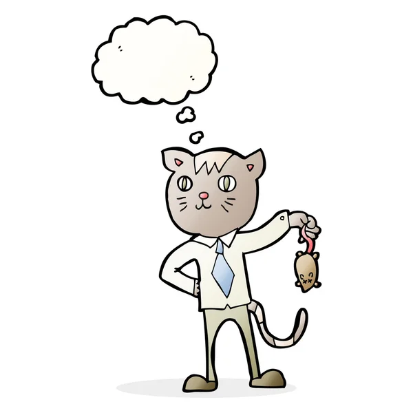 Cartone animato gatto d'affari con topo morto con bolla di pensiero — Vettoriale Stock