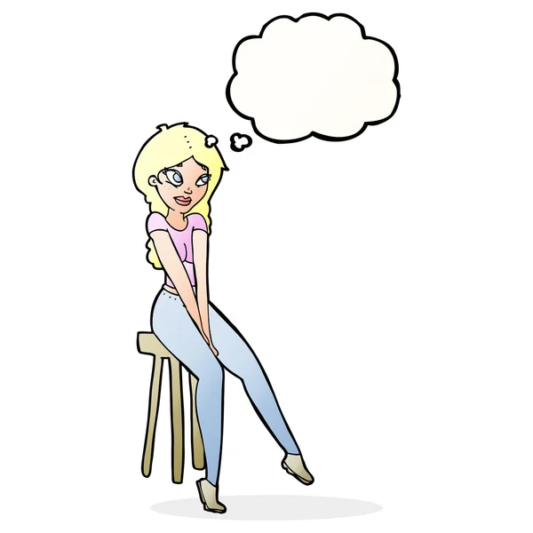 Karikatur hübsches Mädchen auf Hocker mit Gedankenblase — Stockvektor
