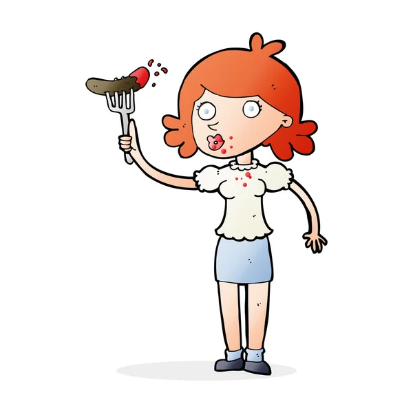 Mujer de dibujos animados comiendo salchicha — Vector de stock