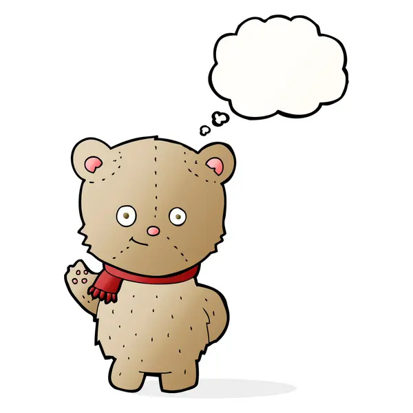 Cartoon zwaaien teddybeer met gedachte zeepbel — Stockvector