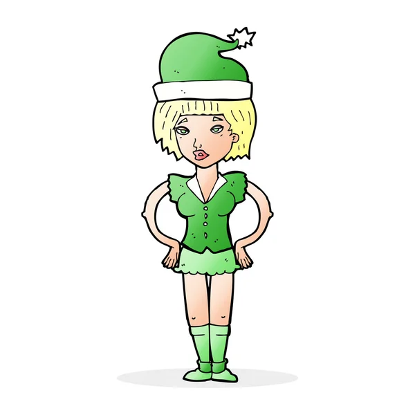 Femme dessin animé en costume elfe de Noël — Image vectorielle