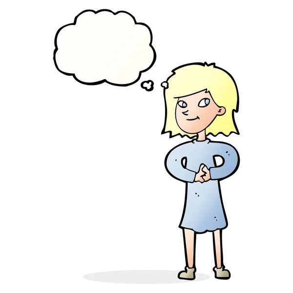 Dibujos animados mujer feliz con burbuja de pensamiento — Vector de stock