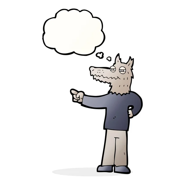 Dessin animé pointant loup homme avec bulle de pensée — Image vectorielle