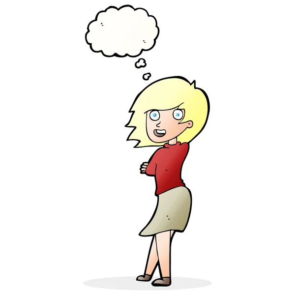 Γελοιογραφία ευτυχισμένη γυναίκα με φούσκα σκέψης — Διανυσματικό Αρχείο